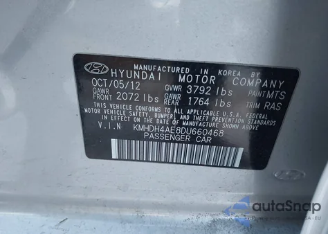 2013 Hyundai Elantra Gls from USA, damaged, VIN KMHDH4AE8DU660468